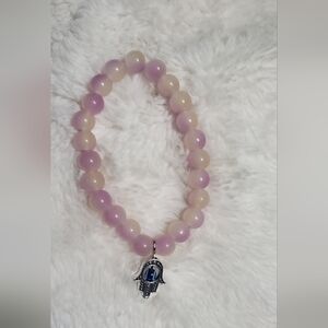 Purple and Cream Beaded Bracelet with Silver Charm